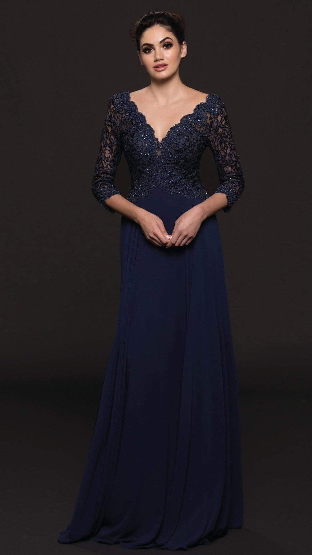 Marsoni by Colors - Quarter Sleeve Scalloped Lace Gown M225 - 1 pc Wine in Size 4 Available CCSALE 14 / Navy