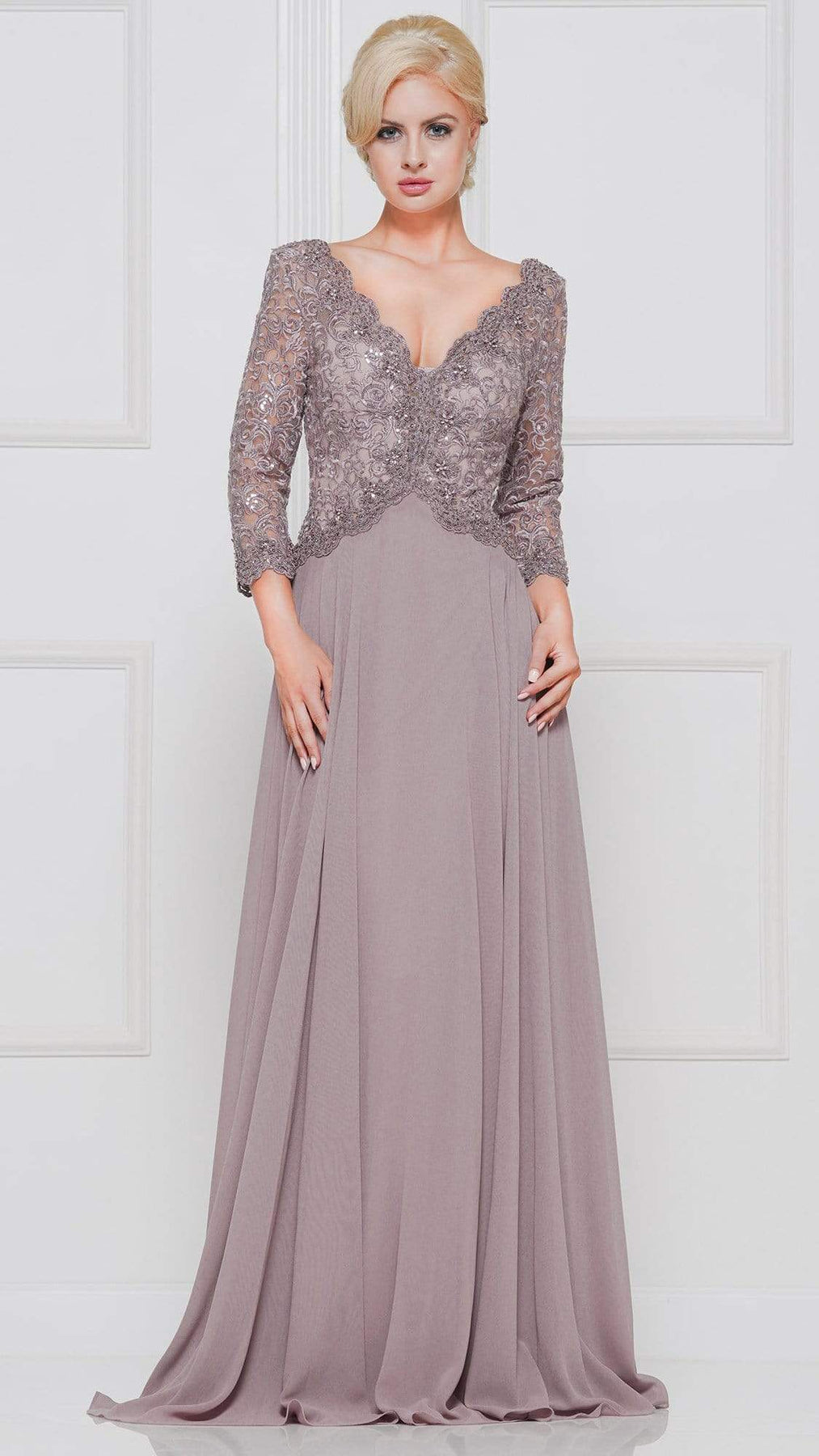 Marsoni by Colors - Quarter Sleeve Scalloped Lace Gown M225 - 1 pc Wine in Size 4 Available CCSALE 22 / Taupe