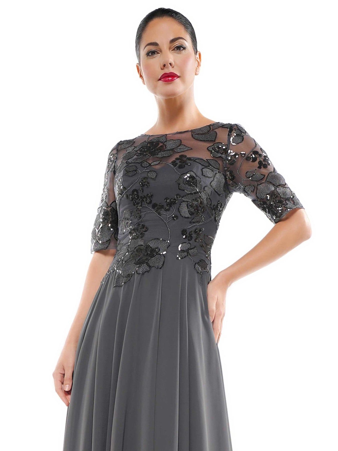 Marsoni by Colors - Sheer Quarter Sleeved Boat Neck Beaded Chiffon A-line Dress M286 CCSALE 16 / Charcoal