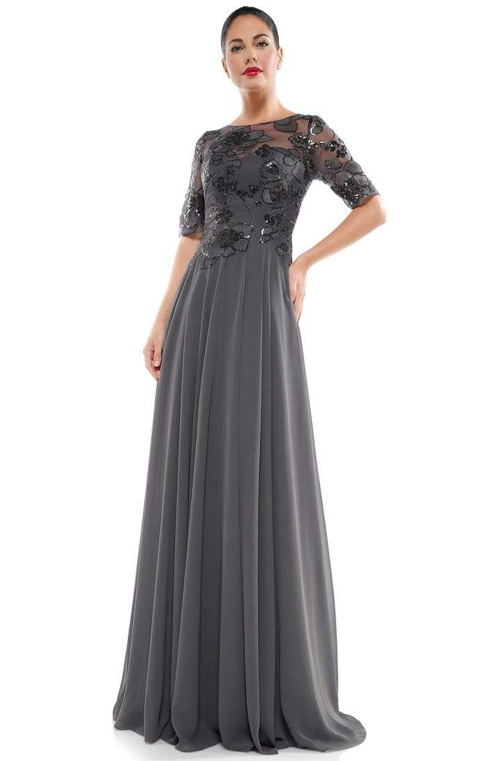Marsoni by Colors - Sheer Quarter Sleeved Boat Neck Beaded Chiffon A-line Dress M286 CCSALE 20 / Charcoal