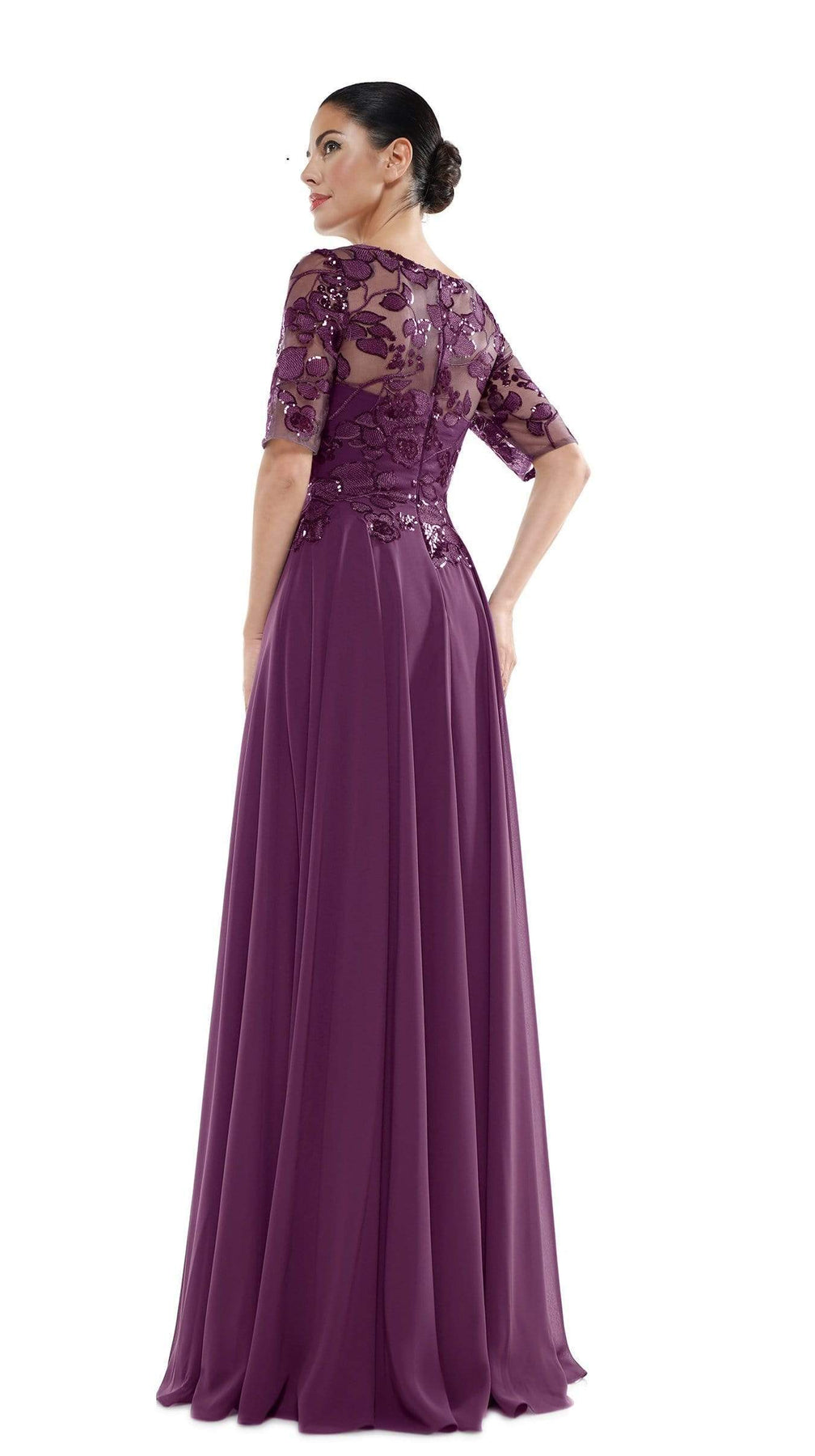 Marsoni by Colors - Sheer Quarter Sleeved Boat Neck Beaded Chiffon A-line Dress M286 CCSALE