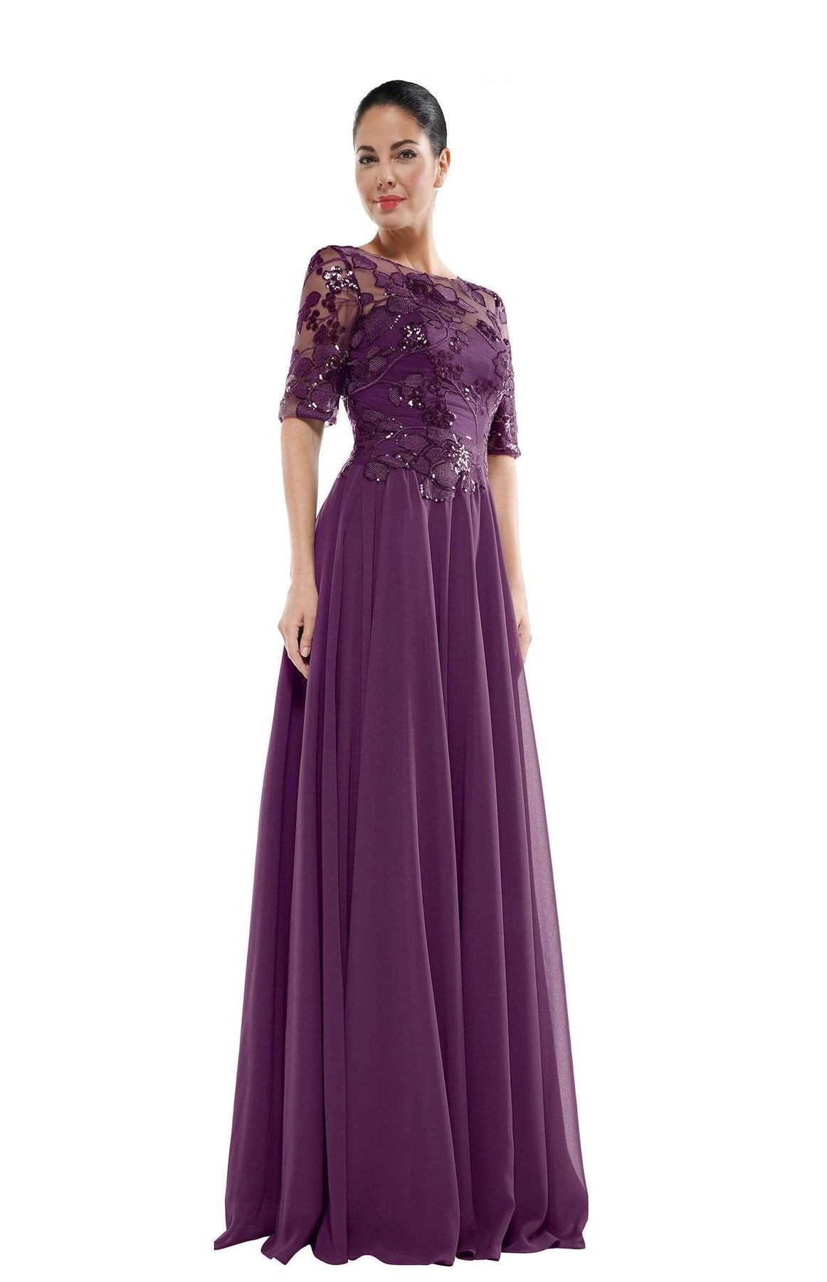 Marsoni by Colors - Sheer Quarter Sleeved Boat Neck Beaded Chiffon A-line Dress M286 CCSALE 8 / Eggplant