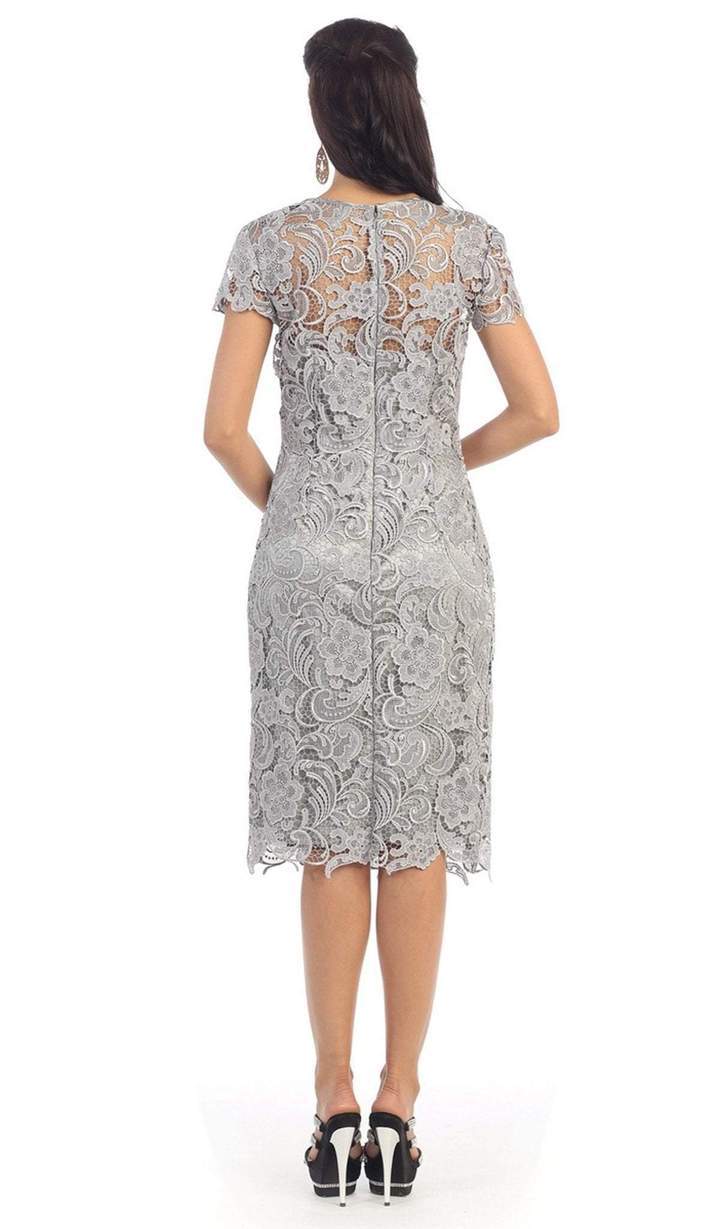 May Queen - Jewel Short Sleeves Scalloped Lace Cocktail Dress - 1 pc Silver In Size L Available CCSALE