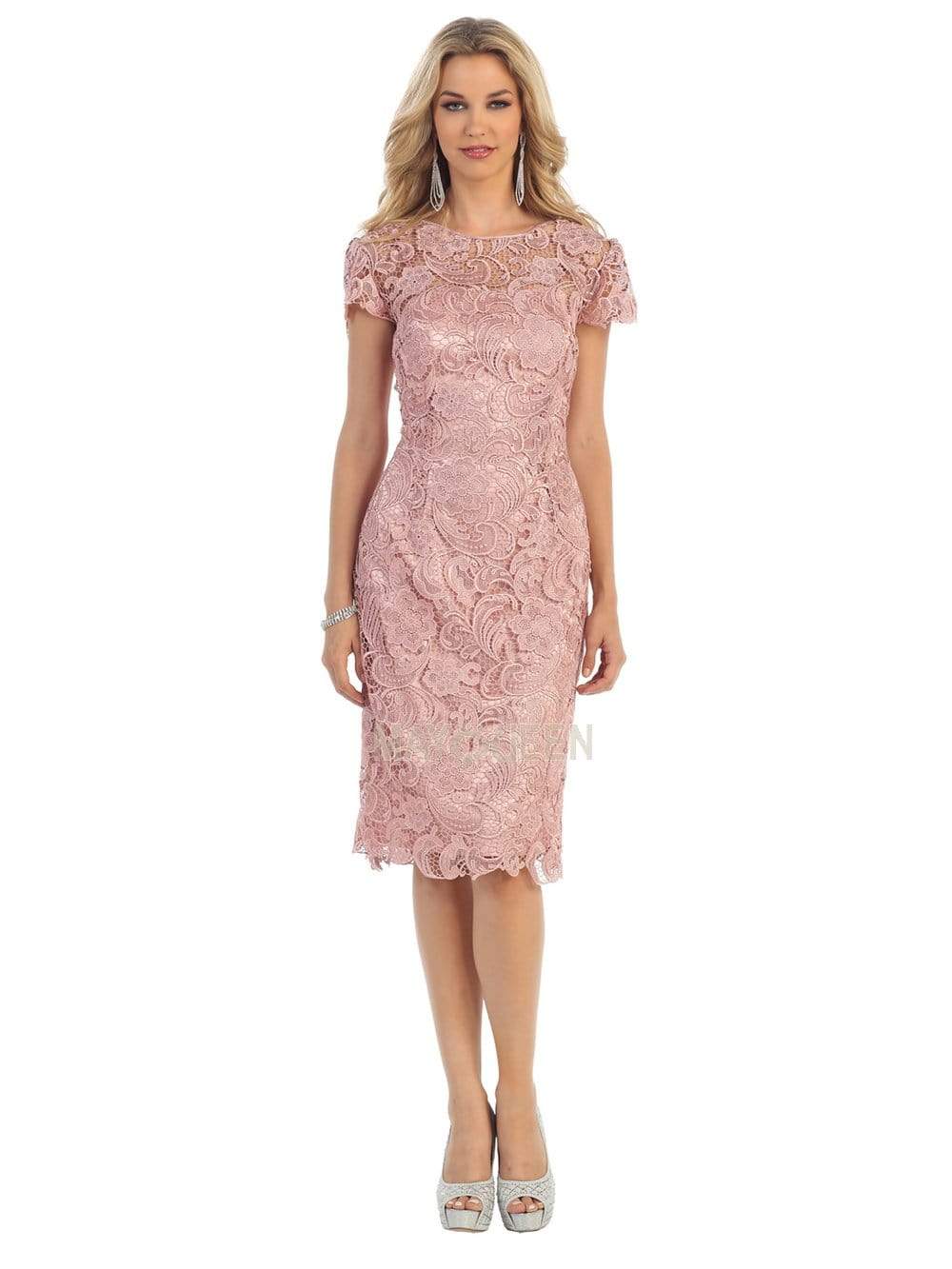 May Queen - Jewel Short Sleeves Scalloped Lace Cocktail Dress CCSALE L / Dusty-Rose