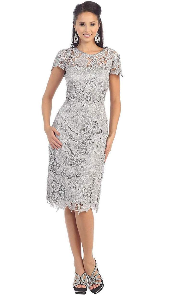 May Queen - Jewel Short Sleeves Scalloped Lace Cocktail Dress CCSALE L / Silver