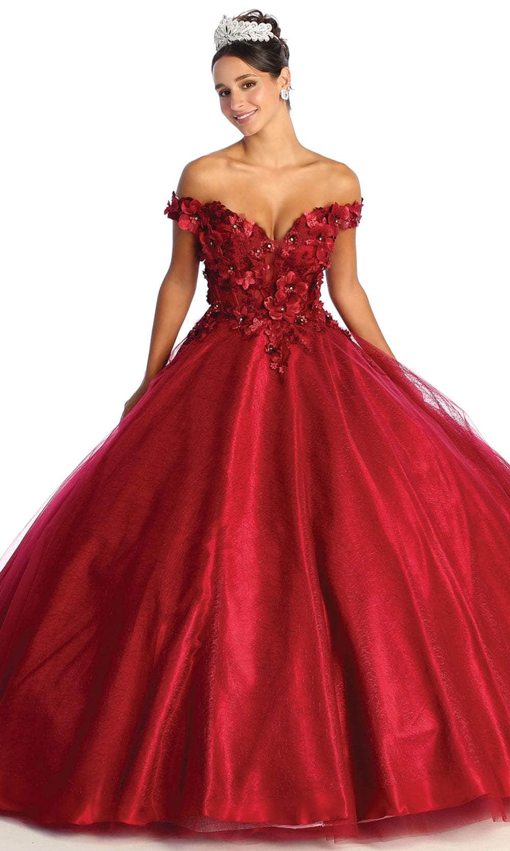 May Queen LK166 - Off Shoulder Applique Prom Ballgown Ball Gowns 2 / Burgundy