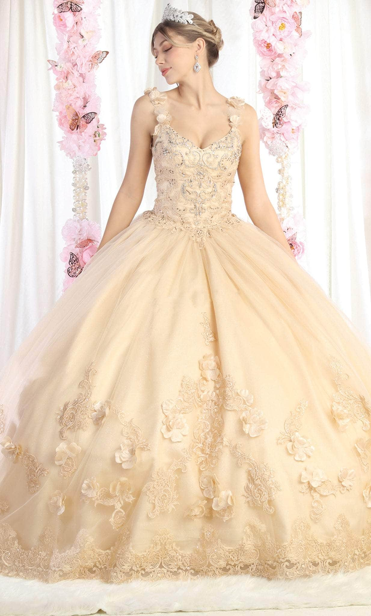 May Queen LK180 - Floral Detailed Quinceanera Ballgown Ball Gowns 4 / Champagne