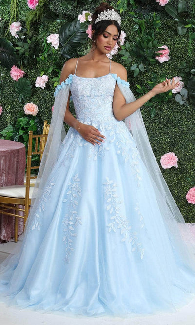 May Queen LK191 - Floral Detailed Sleeve Gown Prom Dresses 4 / Baby Blue