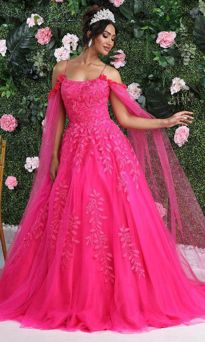 May Queen LK191 - Floral Detailed Sleeve Gown Prom Dresses 4 / Fuchsia