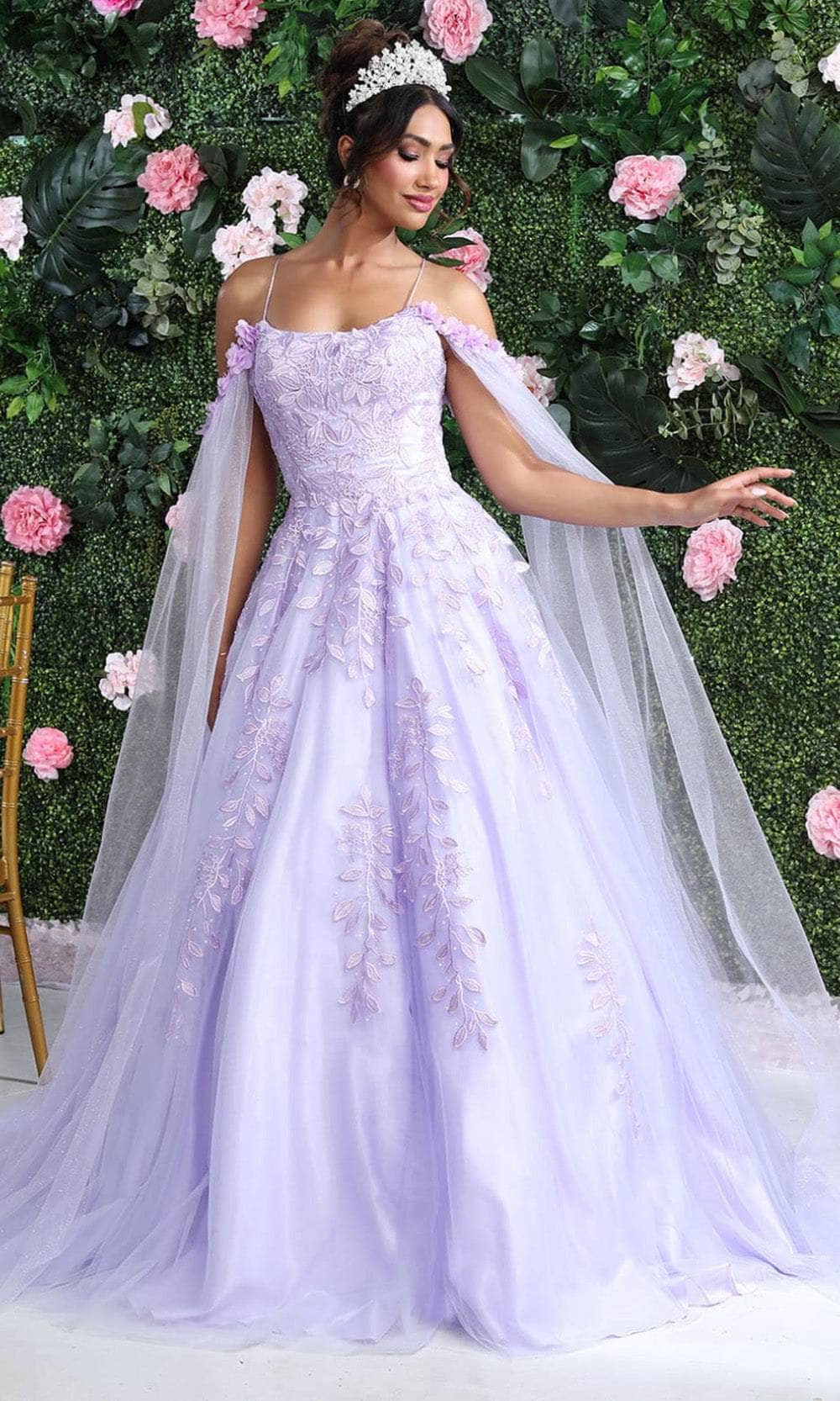 May Queen LK191 - Floral Detailed Sleeve Gown Prom Dresses 4 / Lilac