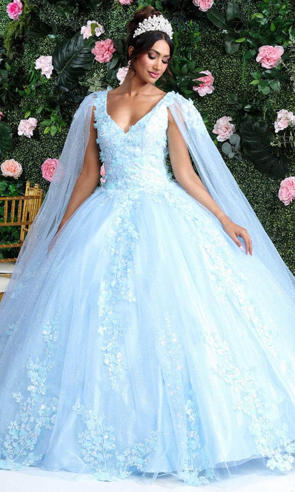 May Queen LK193 - Applique Cape Sleeve Ballgown Quinceanera Dresses 4 / Baby Blue