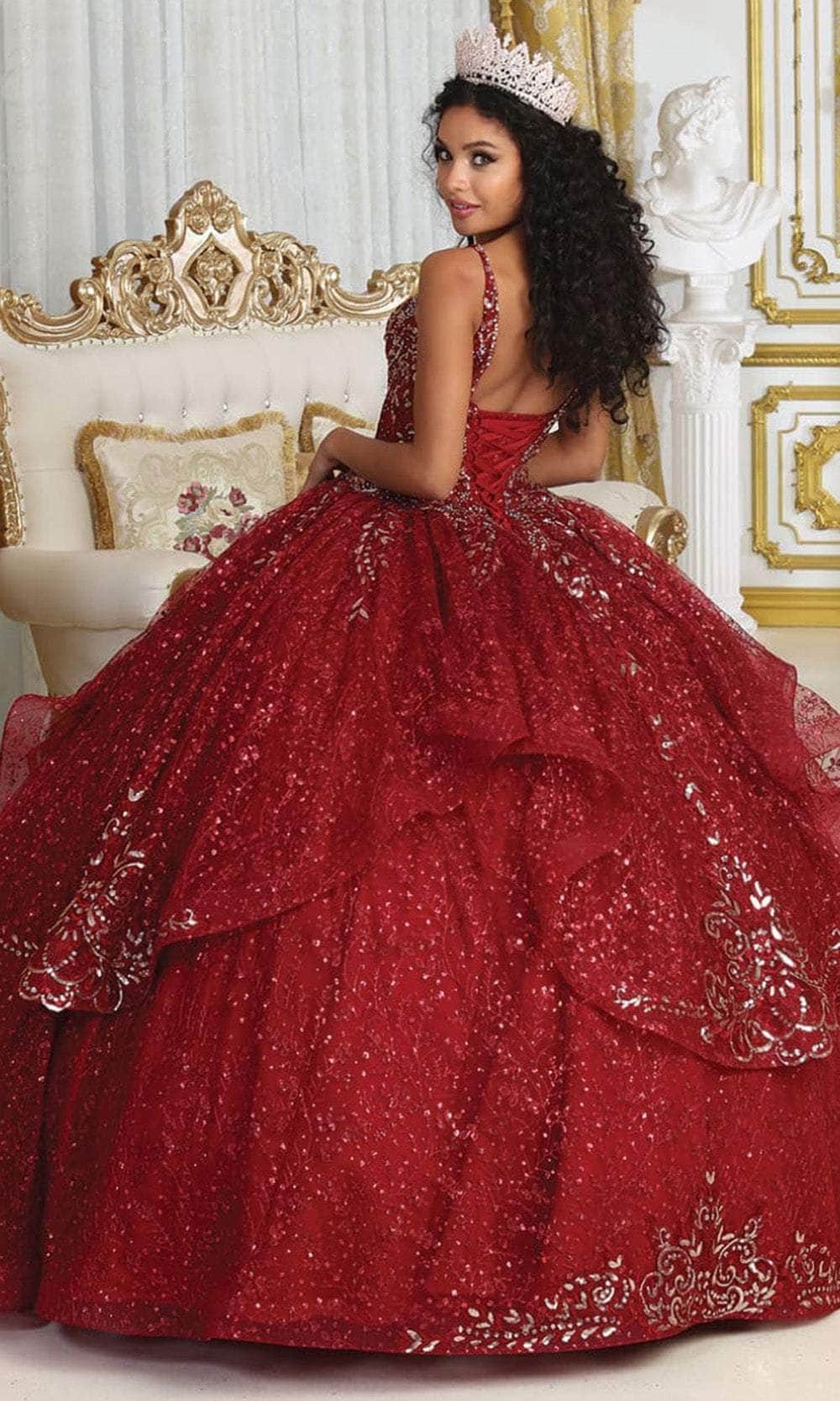 May Queen LK218 - Long Ballgown Dress - Metallic Lace Appliques, Rhinestones, Sheer Cape Sleeves, Tiered Skirt, Corset Back, Floor Length Hem ADASA May Queen LK218 - Long Ballgown Dress - Metallic Lace Appliques, Rhinestones, Sheer Cape Sleeves, Tiered Skirt, Corset Back, Floor Length Hem ADASA