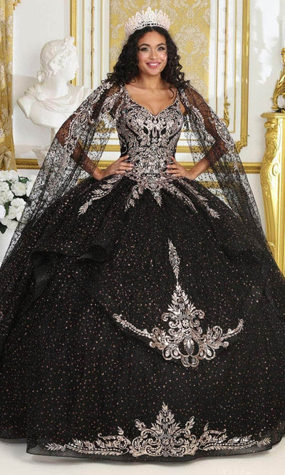May Queen LK218 - Cape Sleeve Glitter Ballgown Quinceanera Dresses 4 / Black