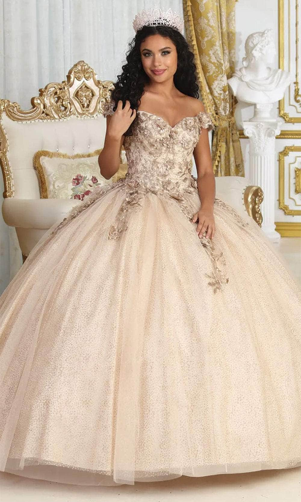 May Queen LK222 - Floral Off Shoulder Ballgown Quinceanera Dresses 4 / Champagne