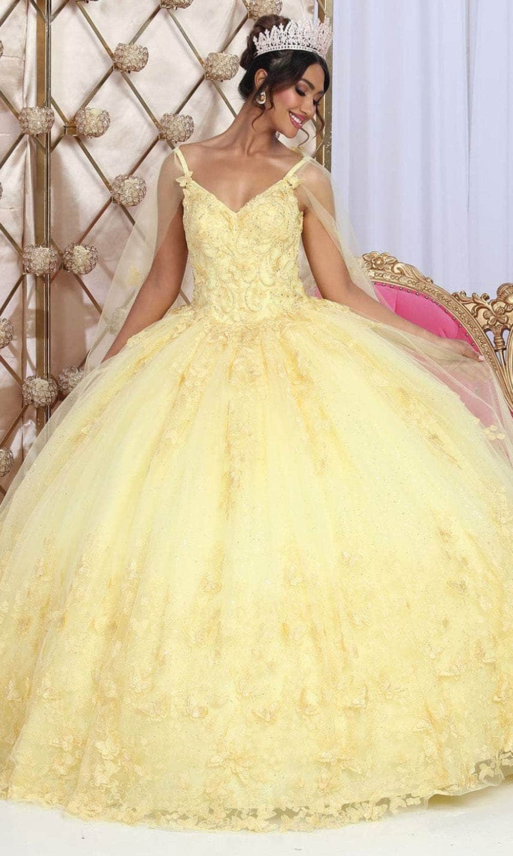 May Queen LK226 - Embroidered V-Neck Ballgown Quinceanera Dresses 4 / Yellow