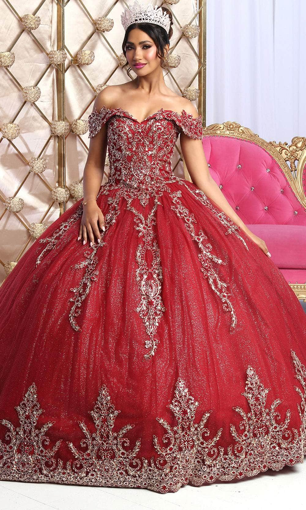 May Queen LK227 - Lace Detailed Ballgown Quinceanera Dresses 4 / Burgundy/Gold