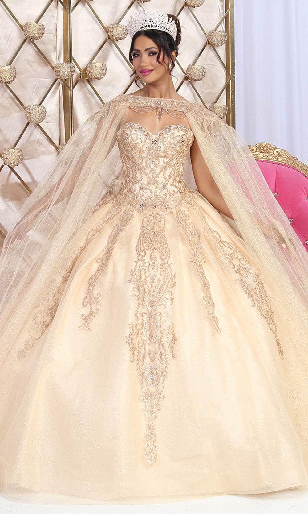 May Queen LK230 - Long Ballgown Dress - Metallic Lace Appliques, Rhinestones, Corset Back, Sheer Cape, Sweep Train 12 / Champagne/Gold May Queen LK230 - Long Ballgown Dress - Metallic Lace Appliques, Rhinestones, Corset Back, Sheer Cape, Sweep Train 12 / Champagne/Gold