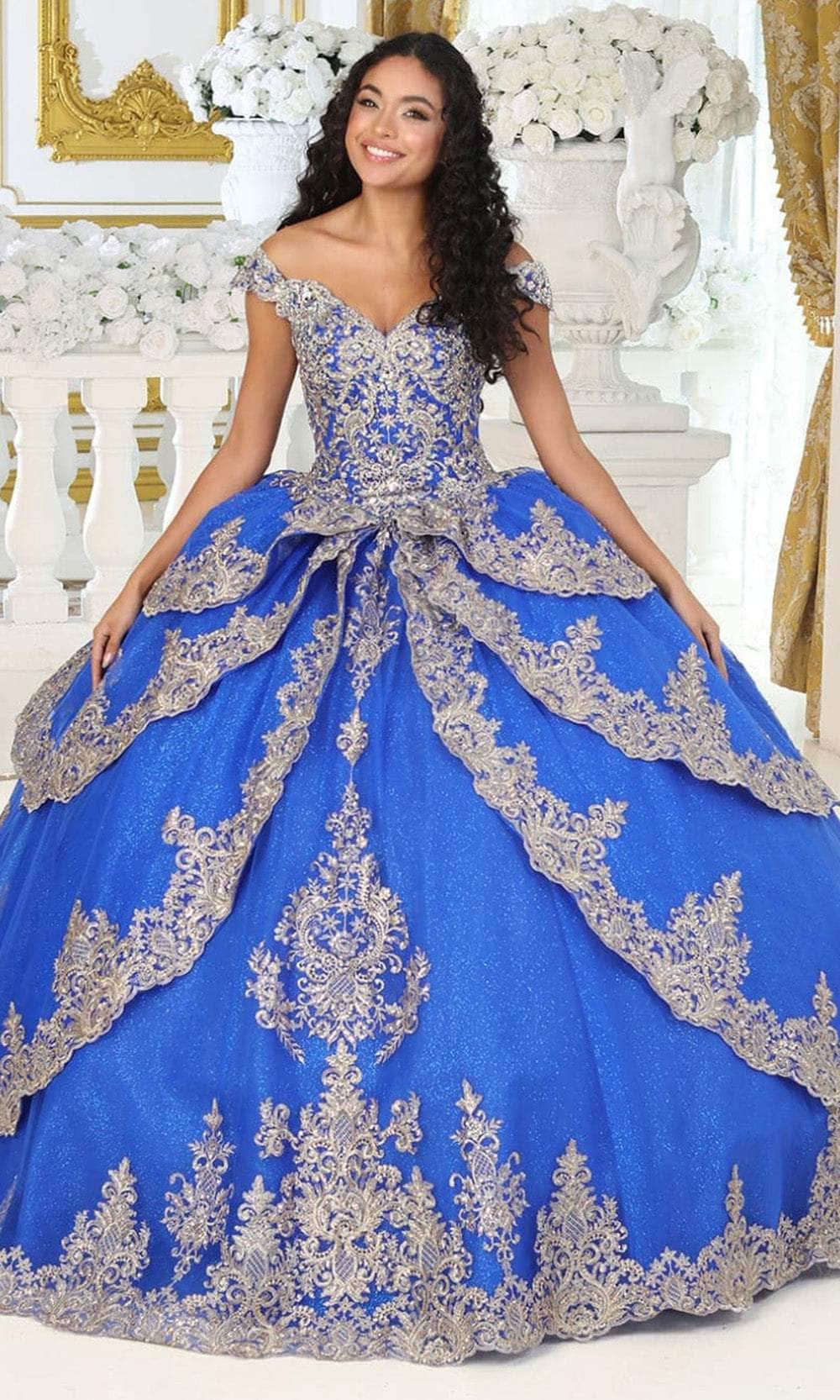 May Queen LK234 - Off Shoulder Tiered Ballgown Quinceanera Dresses 4 / Royal/Gold