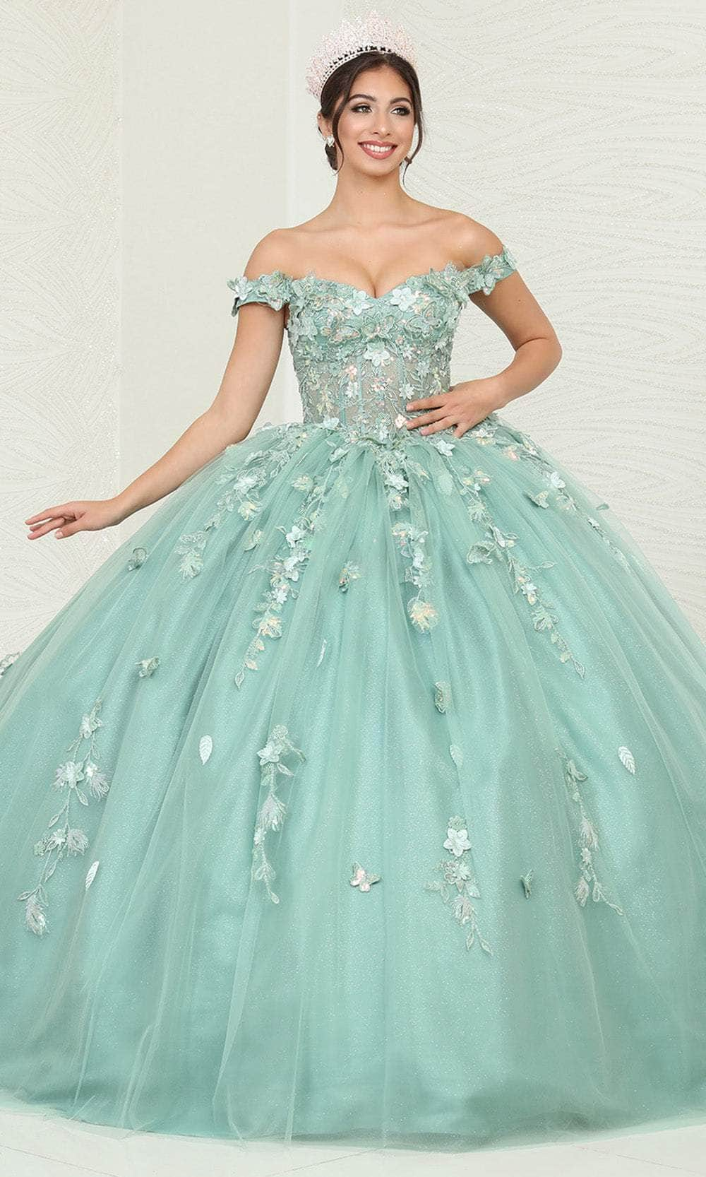 May Queen LK240 - Floral Detailed Ballgown Special Occasion Dresses 4 / Sage