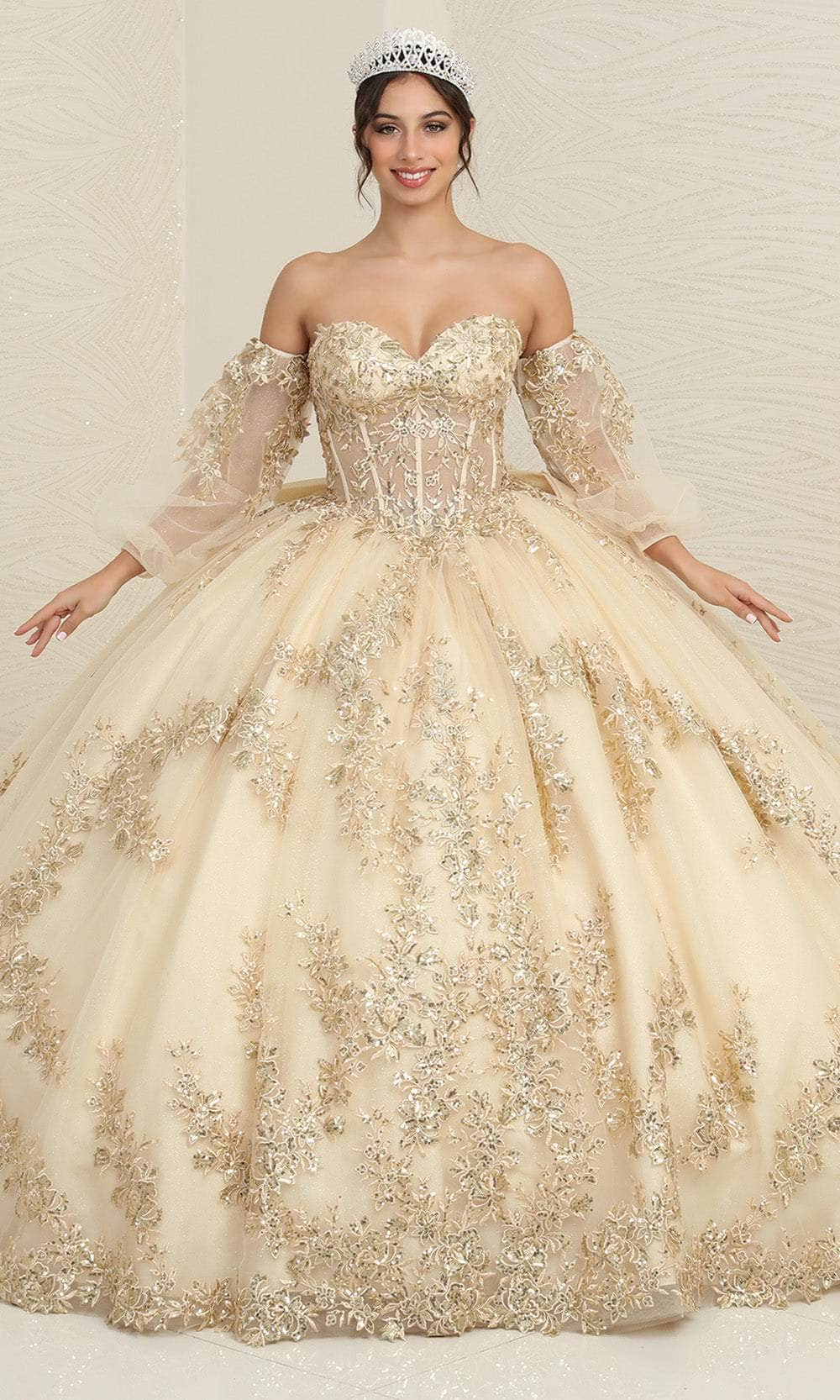 May Queen LK251 - Applique Cape Ballgown Special Occasion Dresses 2 / Champagne