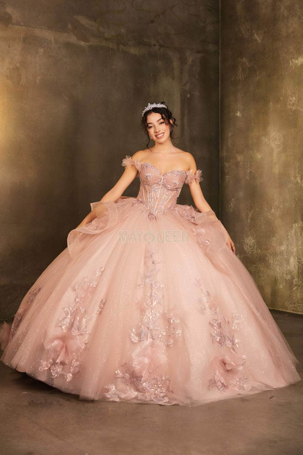 May Queen LK270 - Long Ballgown Dress - 3D Floral Appliques, Beaded, Embroidery, Off-Shoulder Sleeves, Illusion Corset Bodice, Bow Accent, Chapel May Queen LK270 - Long Ballgown Dress - 3D Floral Appliques, Beaded, Embroidery, Off-Shoulder Sleeves, Illusion Corset Bodice, Bow Accent, Chapel