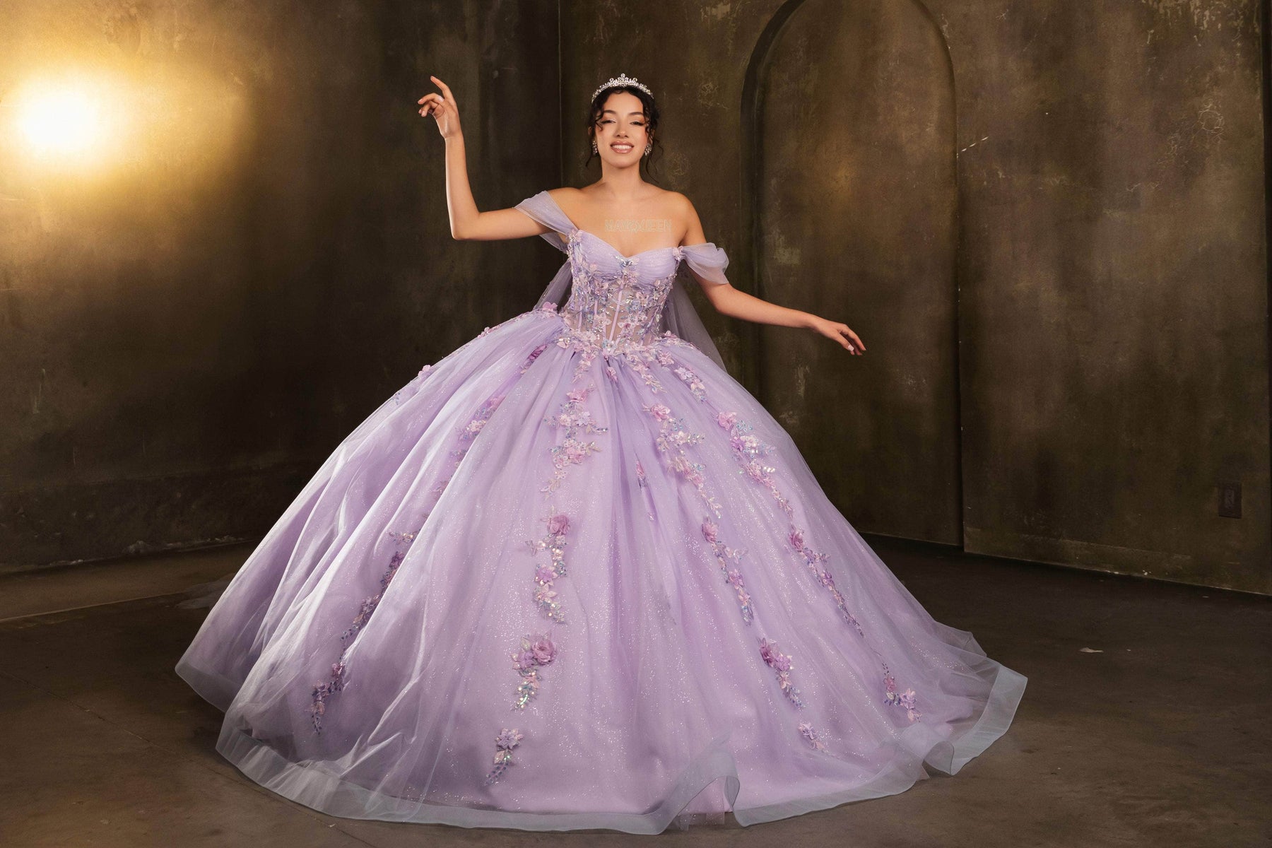 May Queen LK276 - Long Ballgown Dress - 3D Floral Applique, Beaded, Embroidery, Off-Shoulder Sleeves, Sheer Long Cape, Sweep Train ADASA May Queen LK276 - Long Ballgown Dress - 3D Floral Applique, Beaded, Embroidery, Off-Shoulder Sleeves, Sheer Long Cape, Sweep Train ADASA
