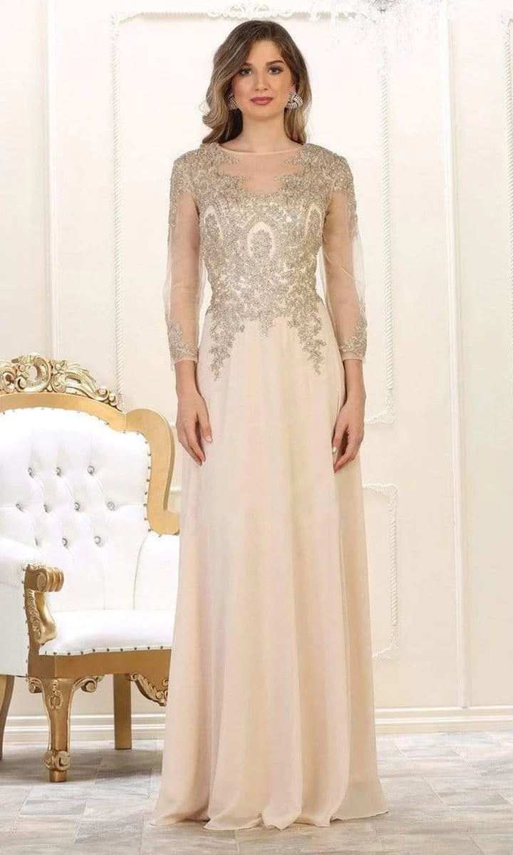 May Queen MQ1549 Sheer Embellished Modest A-line Gown