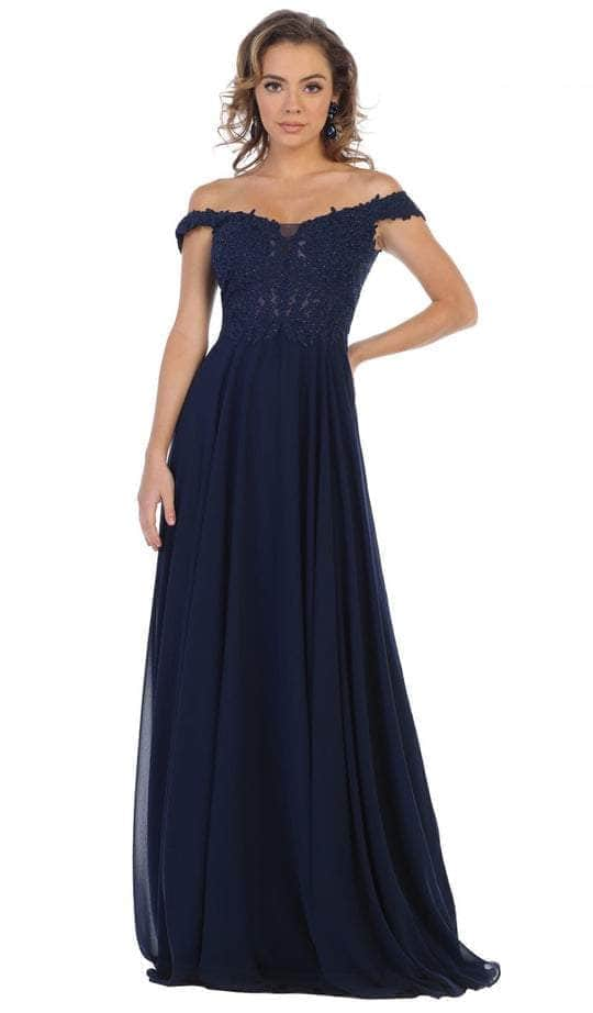 May Queen MQ1602 - Off Shoulder Chiffon Formal Gown Formal Gowns 2 / Navy