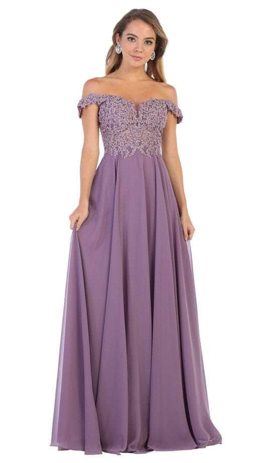 May Queen MQ1602 - Off Shoulder Chiffon Formal Gown Formal Gowns 2 / Victorian Lilac