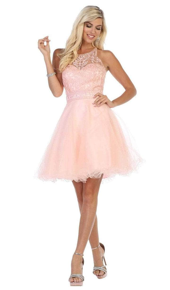 May Queen - MQ1658 Lace Sheer Neck Short Dress - 1 pc Blush In Size 6 Available CCSALE 6 / Blush