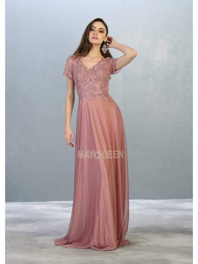 May Queen - MQ1794 Appliqued Short Sleeve Bodice Glitter Long Dress Evening Dresses