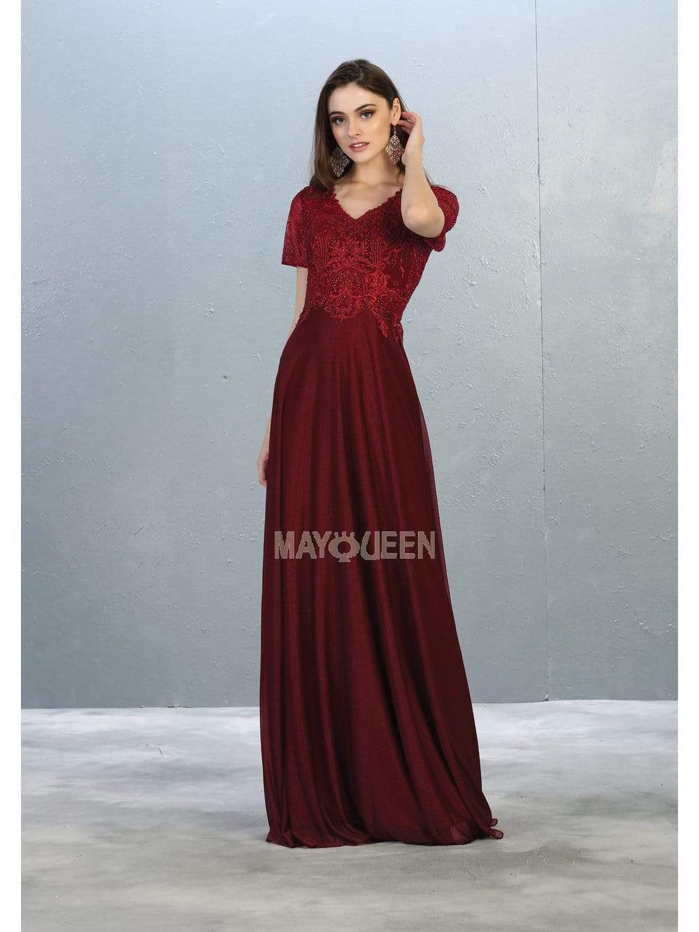 May Queen - MQ1794 Appliqued Short Sleeve Bodice Glitter Long Dress Evening Dresses M / Burgundy