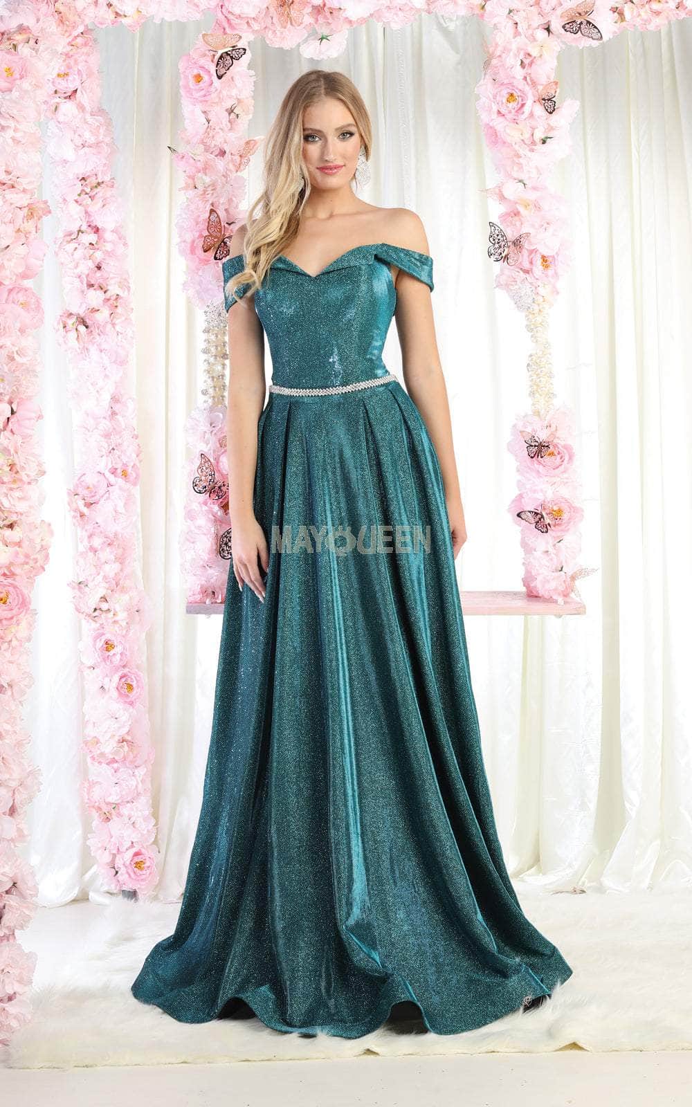 May Queen MQ1876B - Glitter Off Shoulder Prom Dress - Long A-Line Dress - Foldover Accent, Pleated, Metallic Waistband, Pockets, Mid-Open Back, Zipper May Queen MQ1876B - Glitter Off Shoulder Prom Dress - Long A-Line Dress - Foldover Accent, Pleated, Metallic Waistband, Pockets, Mid-Open Back, Zipper