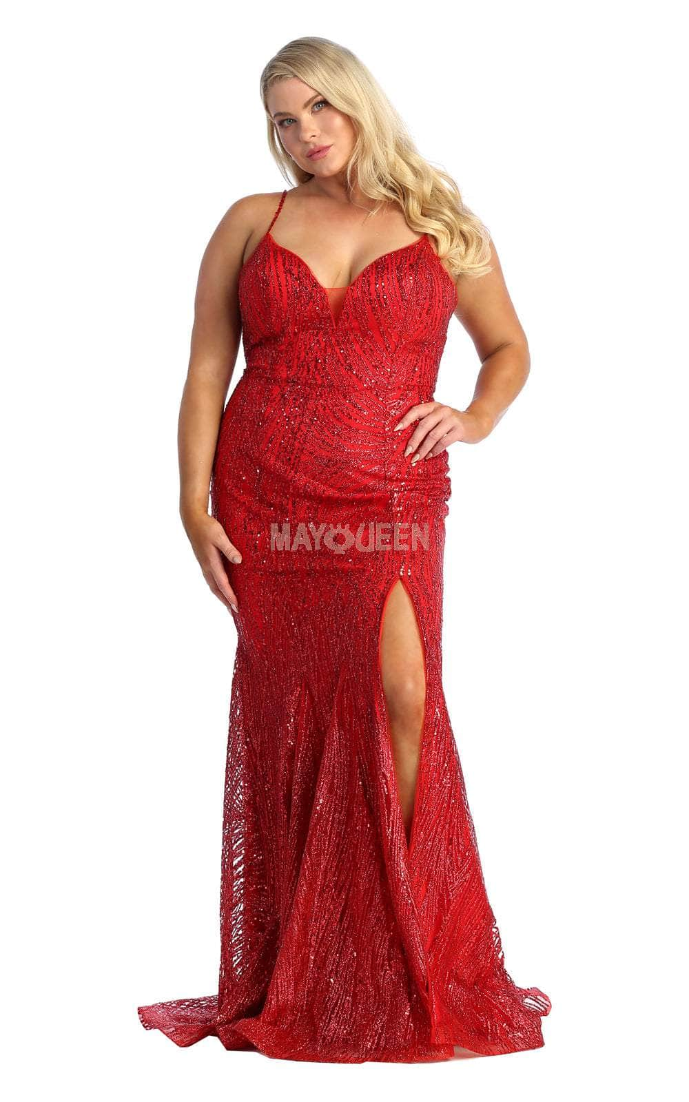 May Queen MQ1905 - Sequined Plunging V-Neck Evening Gown Evening Dresses 2 / Red