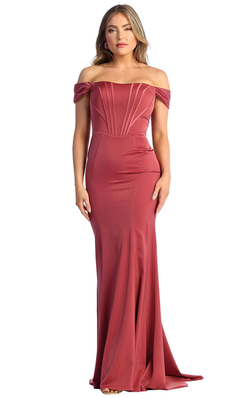 May Queen MQ1909 - Off Shoulder Seamed Prom Gown Prom Dresses 4 / Rose