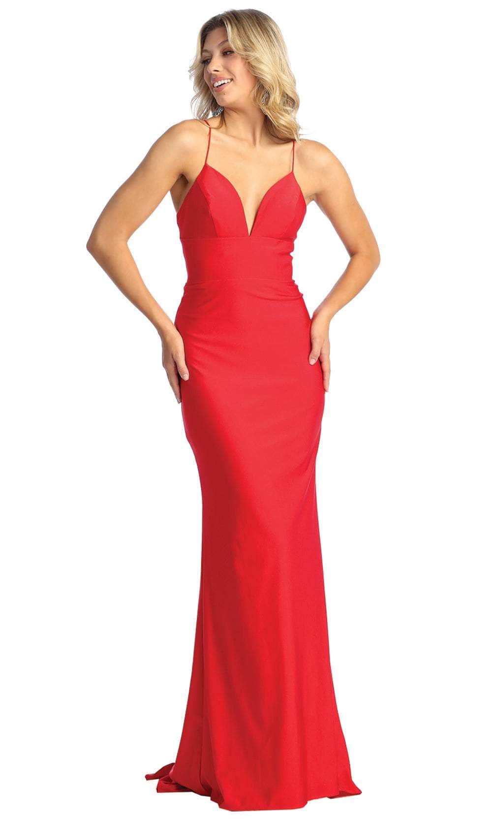 May Queen MQ1925 - Deep V-Neck Sheath Evening Gown Evening Dresses 2 / Red