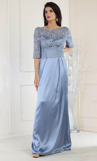 May Queen MQ1969 - Quarter Length Lace Satin Gown Military Ball M / Dustyblue