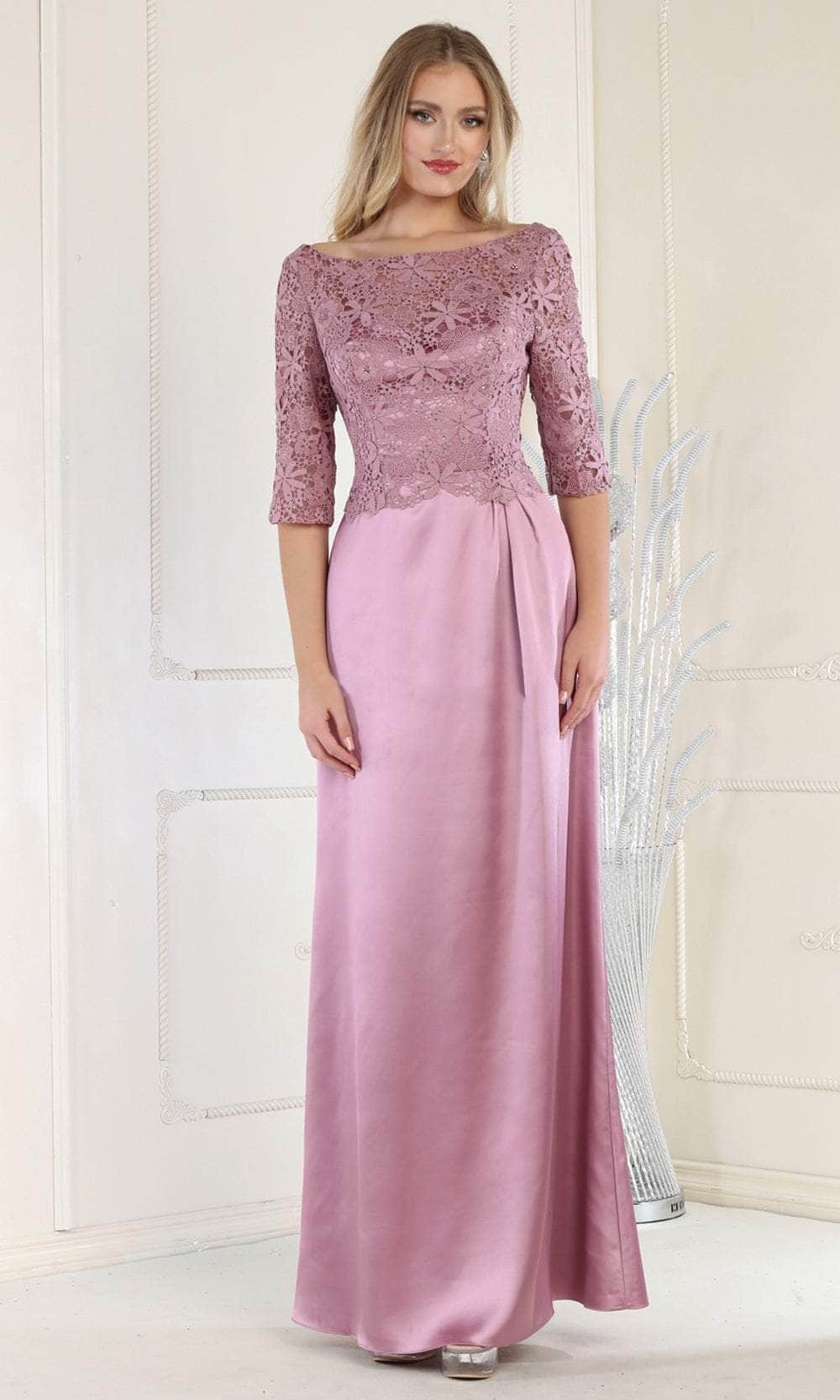 May Queen MQ1969 - Quarter Length Lace Satin Gown Military Ball M / Mauve