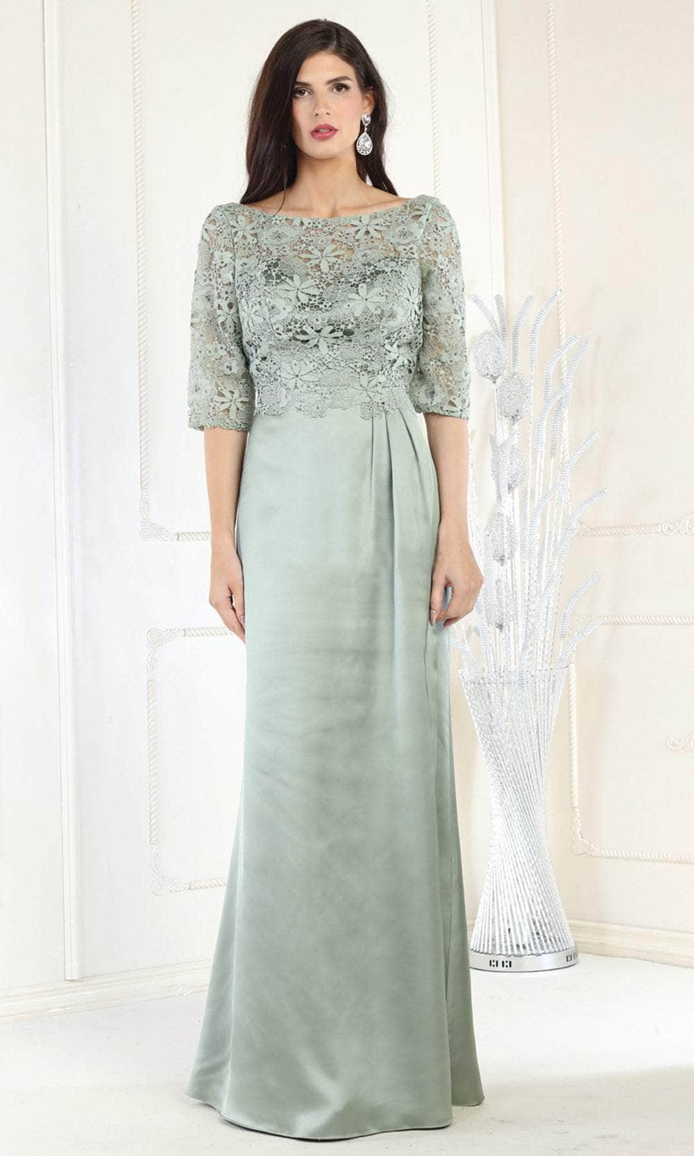 May Queen MQ1969 - Quarter Length Lace Satin Gown Military Ball M / Sage