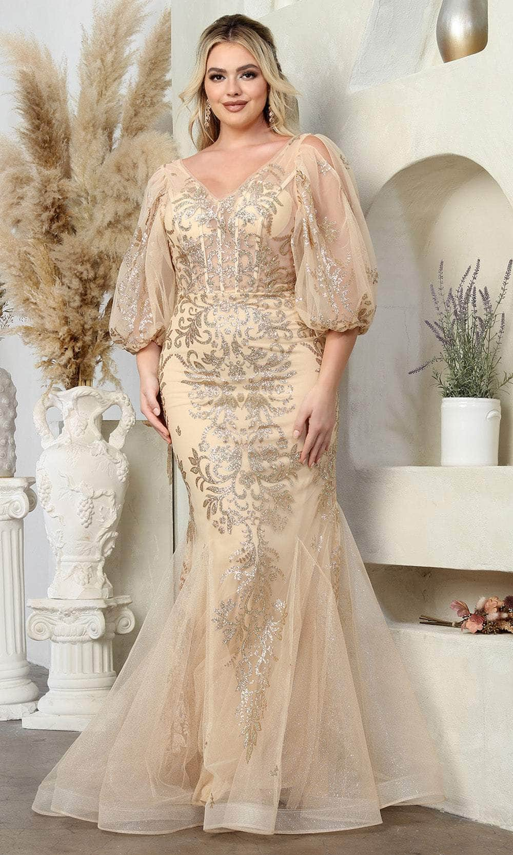 May Queen MQ2010 - V-Neck Patterned Sequin Prom Gown Prom Dresses 4 / Gold