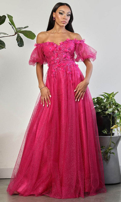 May Queen MQ2033 - Puff Sleeve Off Shoulder Evening Dress Evening Dresses 4 / Fuchsia