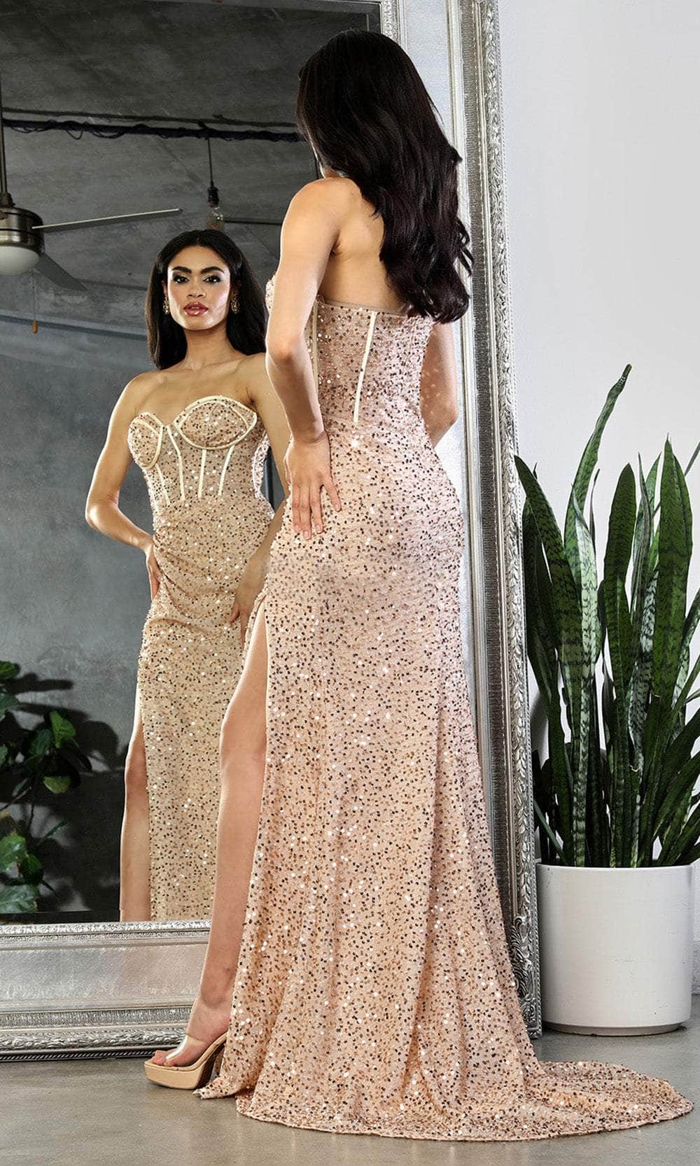 May Queen MQ2034 - Long Sheath Dress - Strapless, Sequins, Exposed Corset, High Slit, Midrise Back, Concealed Zipper Closure, Sweep Train 8 / Red May Queen MQ2034 - Long Sheath Dress - Strapless, Sequins, Exposed Corset, High Slit, Midrise Back, Concealed Zipper Closure, Sweep Train 8 / Red