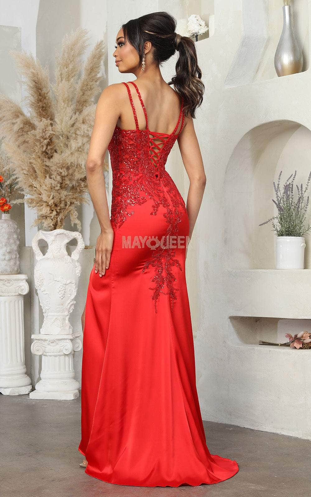 May Queen MQ2050 - High Slit Applique Prom Dress Special Occasion Dresses