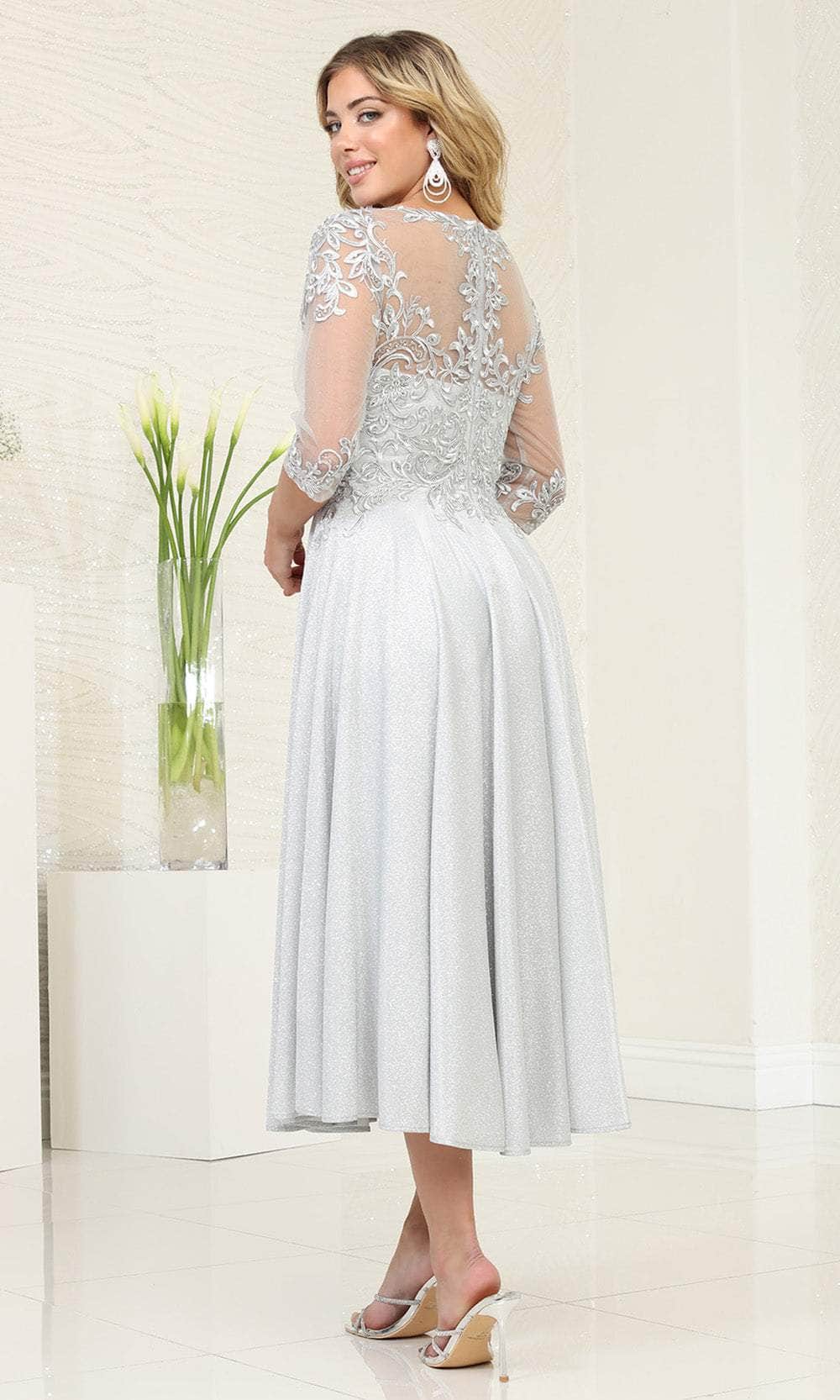 May Queen MQ2057 - Tea Length A-Line Dress - Quarter-Length Sleeve, Illusion Bodice, Swirl Embroidery, Beaded, Full Back, Back Zipper ADASA May Queen MQ2057 - Tea Length A-Line Dress - Quarter-Length Sleeve, Illusion Bodice, Swirl Embroidery, Beaded, Full Back, Back Zipper ADASA