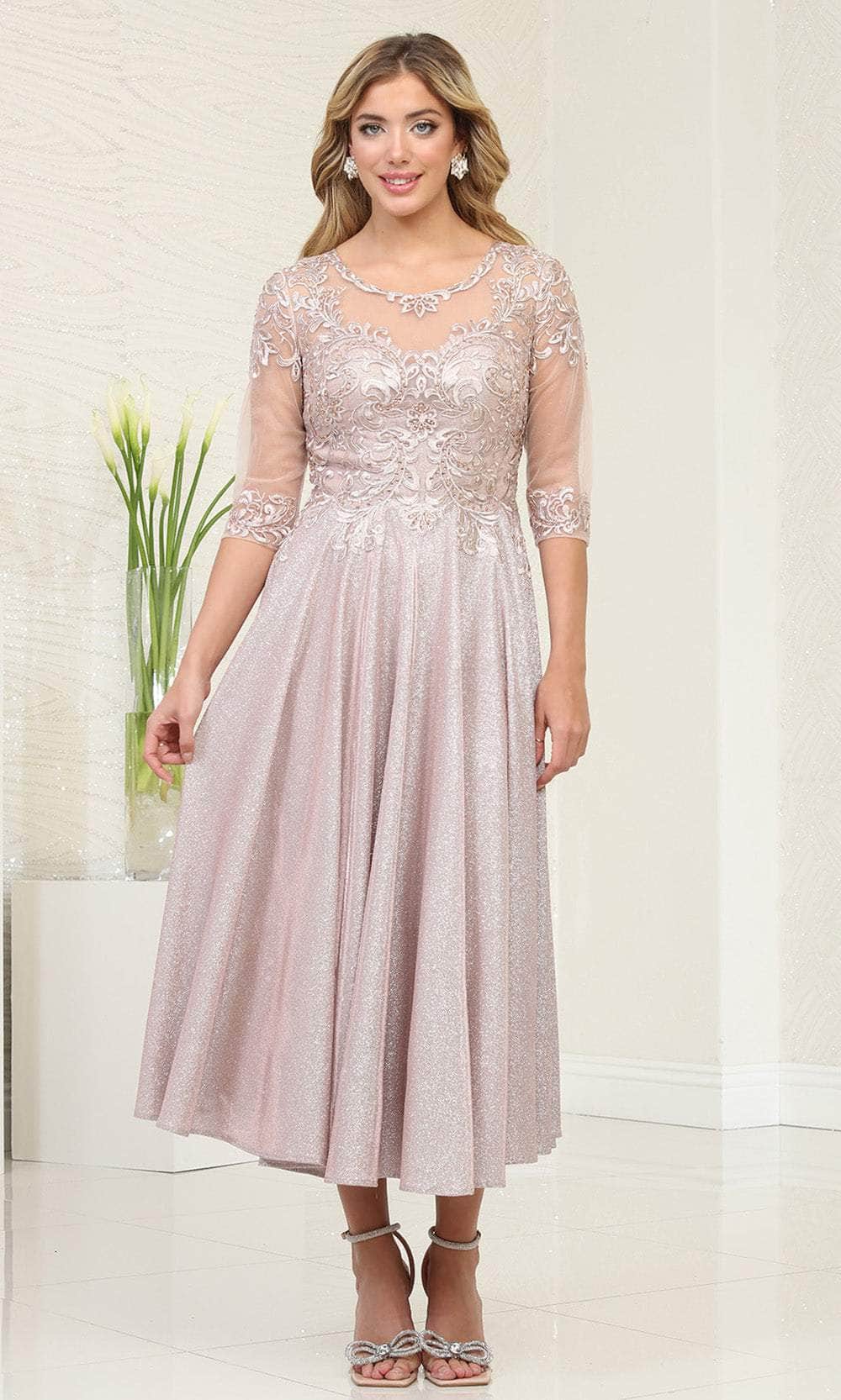 May Queen MQ2057 - Tea Length A-Line Dress - Quarter-Length Sleeve, Illusion Bodice, Swirl Embroidery, Beaded, Full Back, Back Zipper 3XL / Rose Gold May Queen MQ2057 - Tea Length A-Line Dress - Quarter-Length Sleeve, Illusion Bodice, Swirl Embroidery, Beaded, Full Back, Back Zipper 3XL / Rose Gold