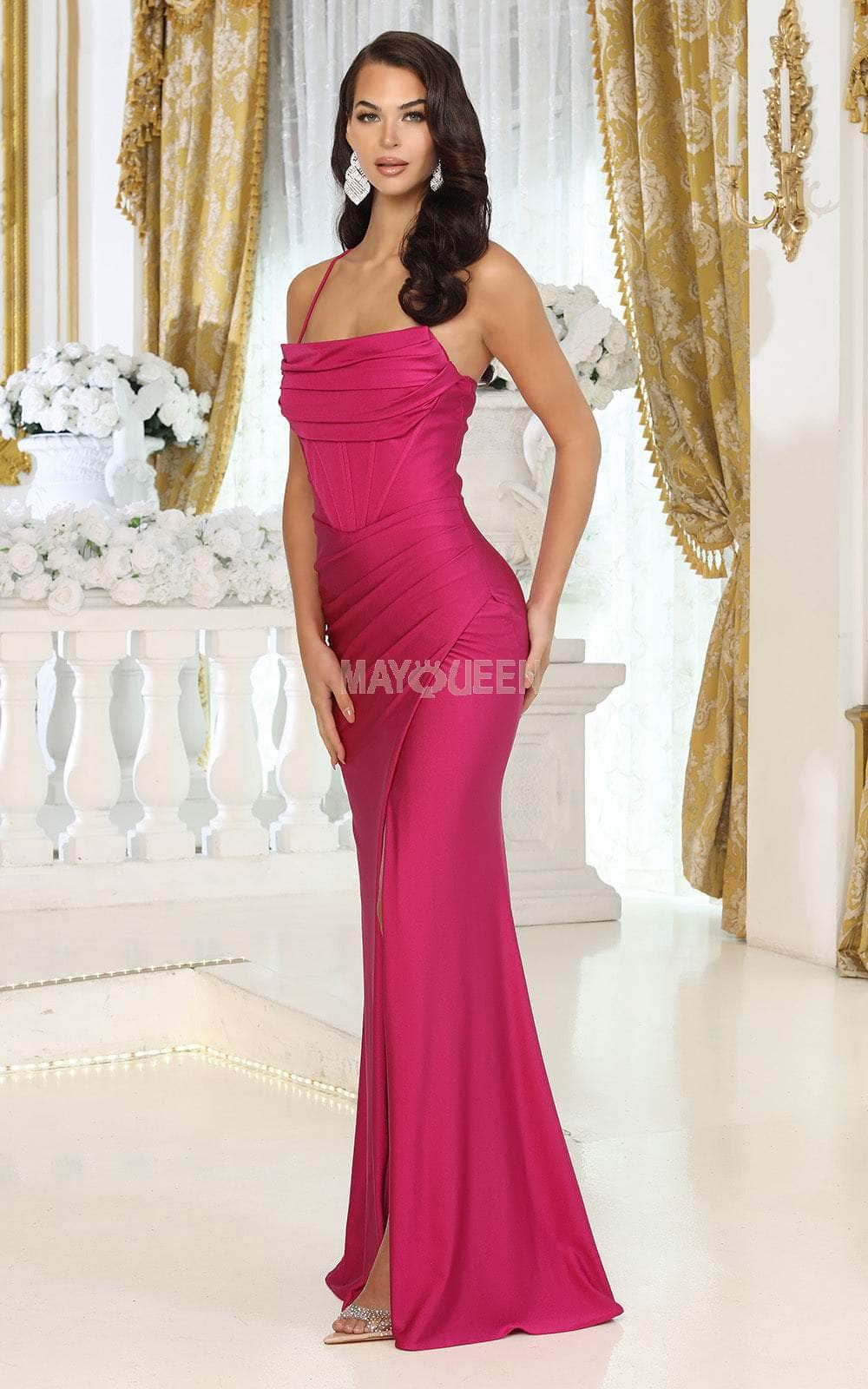 May Queen MQ2068 - Draped Evening Dress with Slit Special Occasion Dresses 