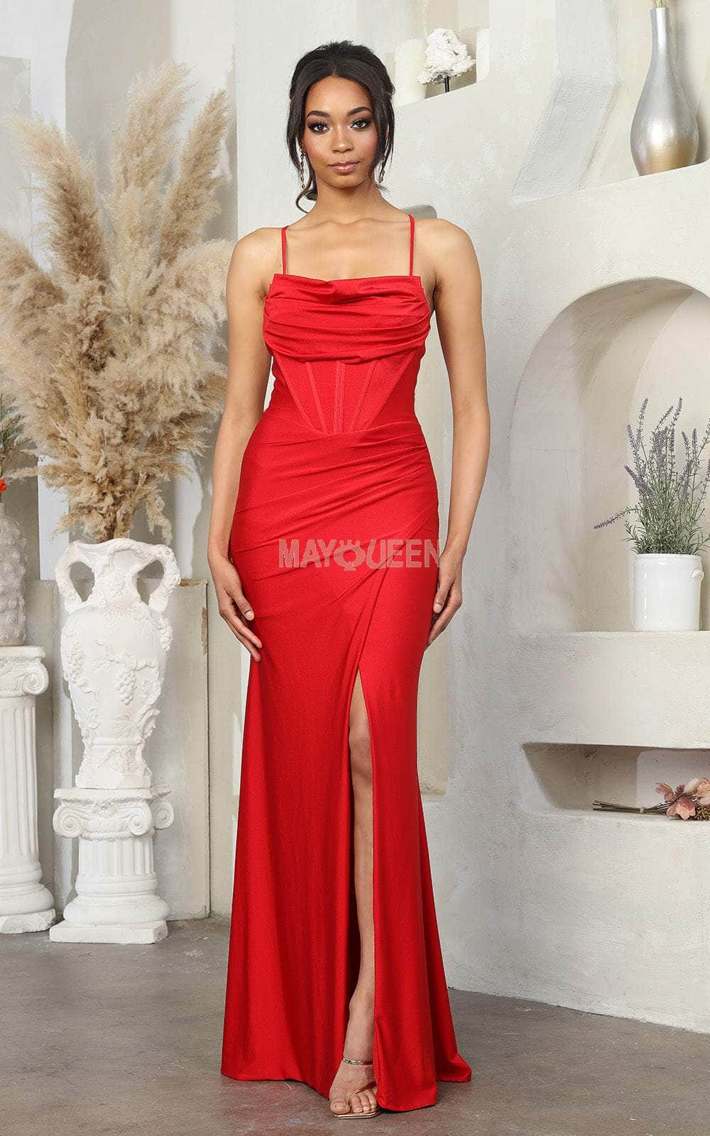 May Queen MQ2068 - Draped Evening Dress with Slit Special Occasion Dresses 