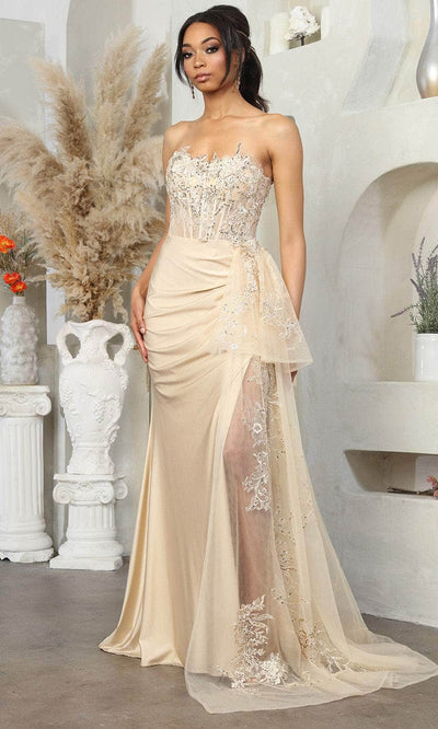 May Queen MQ2072 - Strapless 3D Appliqued Prom Gown Evening Dresses 4 / Champagne