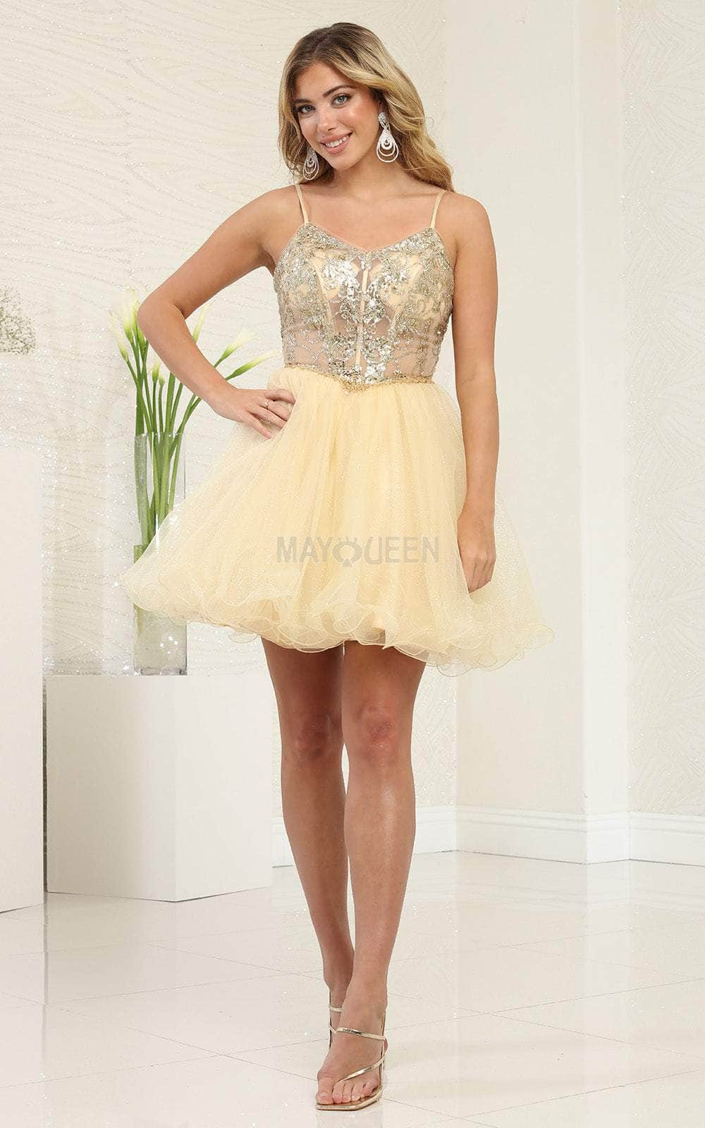 May Queen MQ2082 A-Line Glitter Spaghetti Strap Party Dress - CHAMPAGNE / 8 May Queen MQ2082 A-Line Glitter Spaghetti Strap Party Dress - CHAMPAGNE / 8
