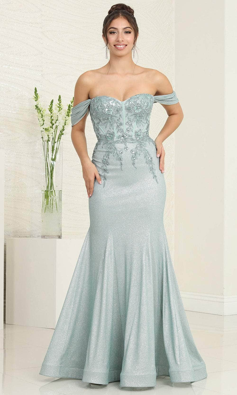 May Queen MQ2104 - Applique  Off Shoulder Prom Dress Special Occasion Dresses 4 / Sage